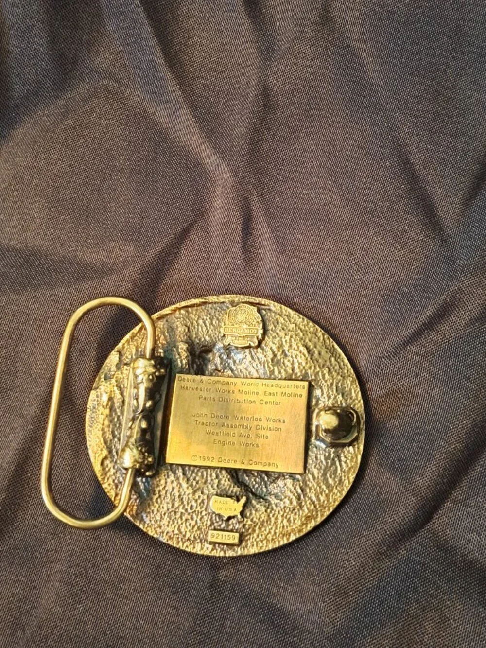 Vintage Bergamot Brass Works John Deere belt buckle with a 1992-93 Fly-In design